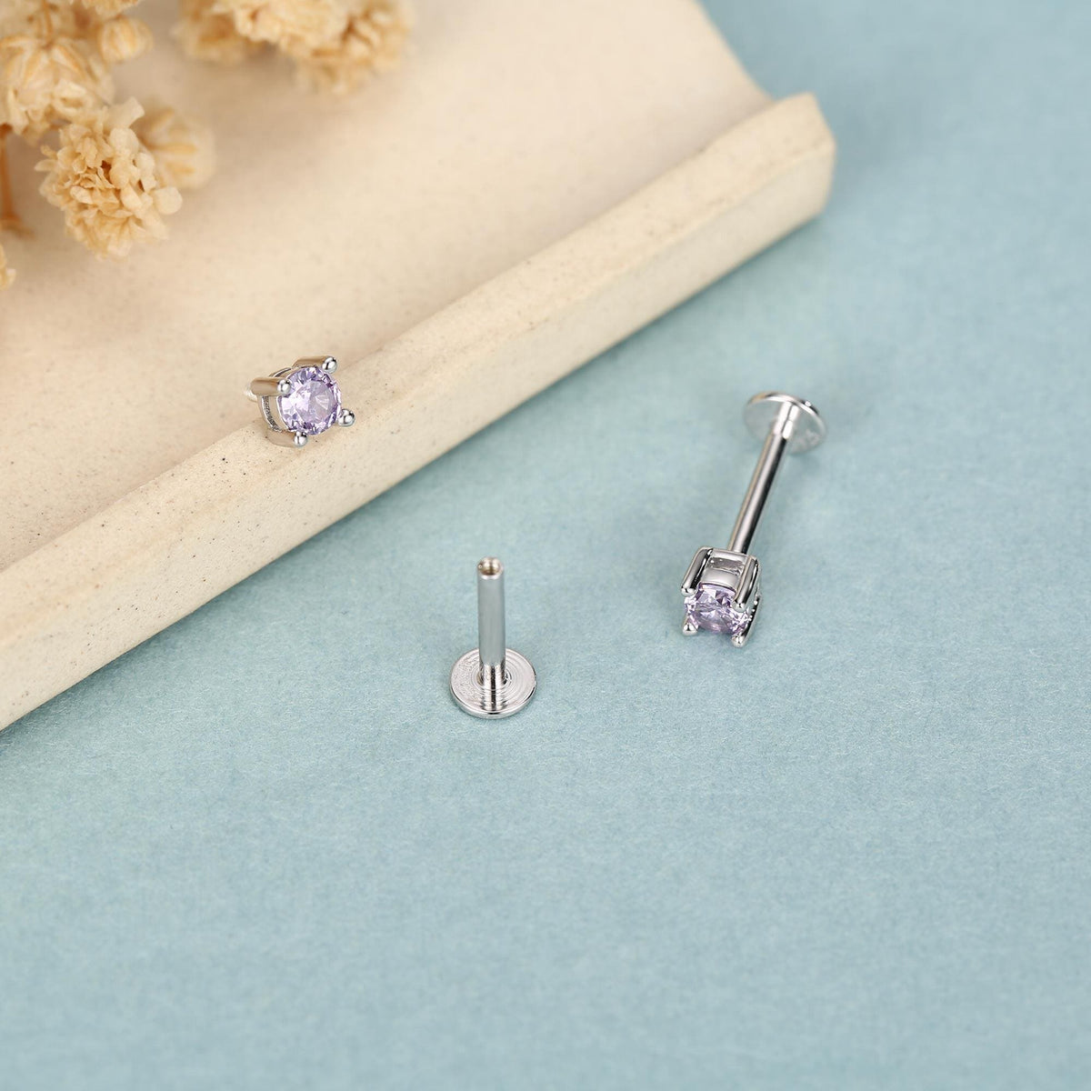 Amethyst Purple CZ 16G Internally Threaded Flat Back Earrings in Sterling Silver