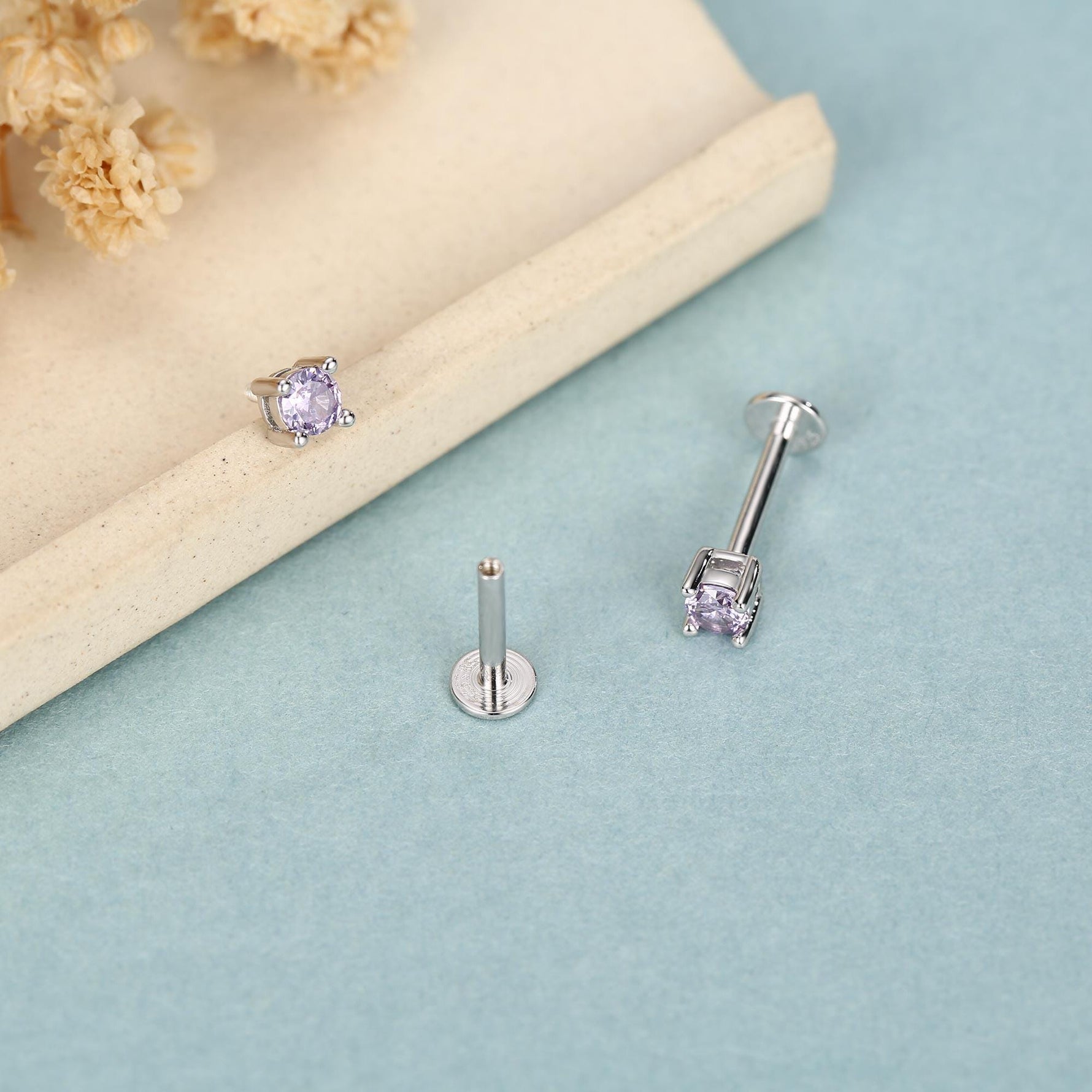 Amethyst Purple CZ 16G Internally Threaded Flat Back Earrings in Sterling Silver