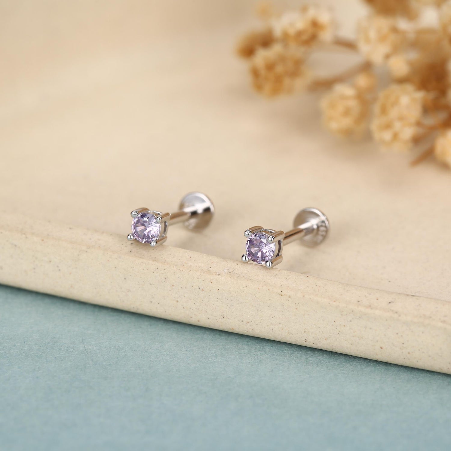 Amethyst Purple CZ 16G Internally Threaded Flat Back Earrings in Sterling Silver