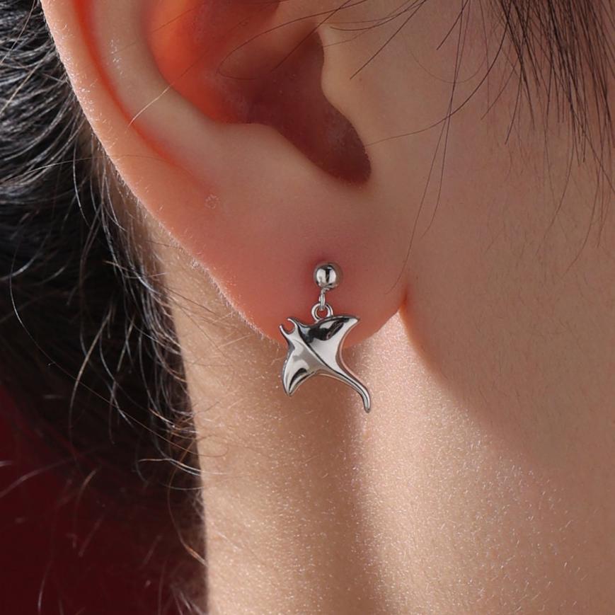 Sterling Silver Manta Ray Fish Drop Stud Earrings, Silver, or Gold or Rose Gold, Stingray Dangle Stud Earrings, Dainty Fish Dangle Earrings
