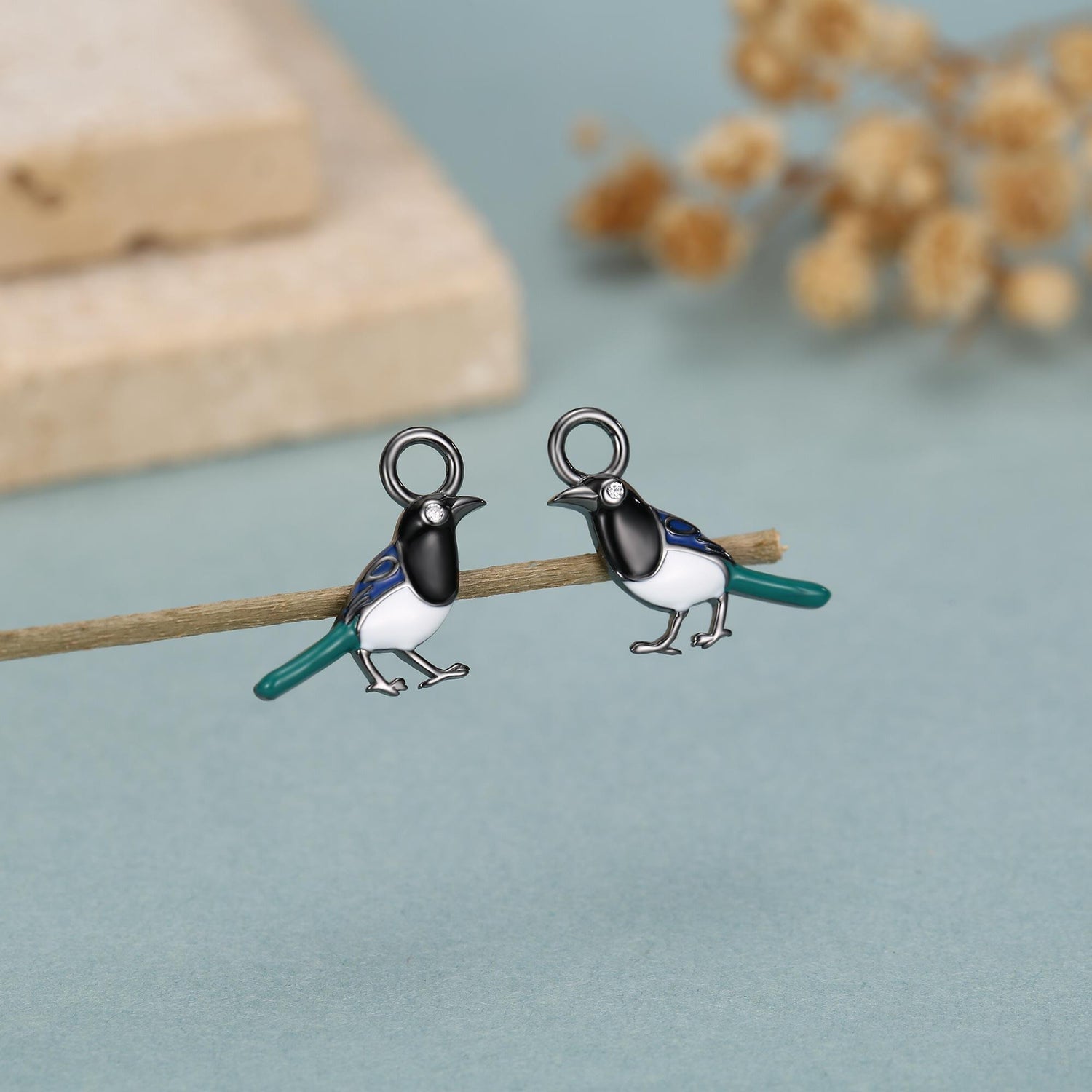 Sterling Silver Enamel Magpie Earring Charms