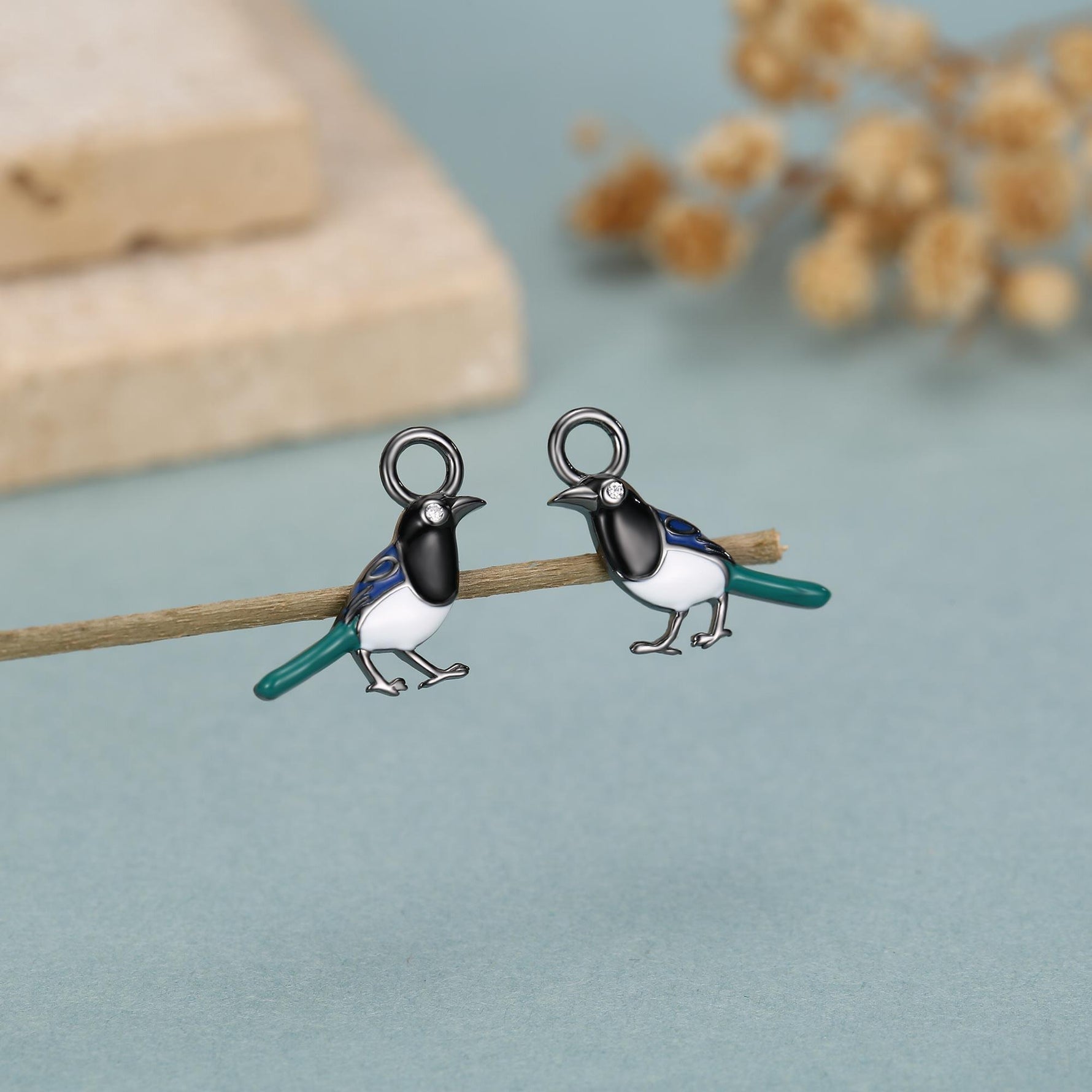 Sterling Silver Enamel Magpie Earring Charms