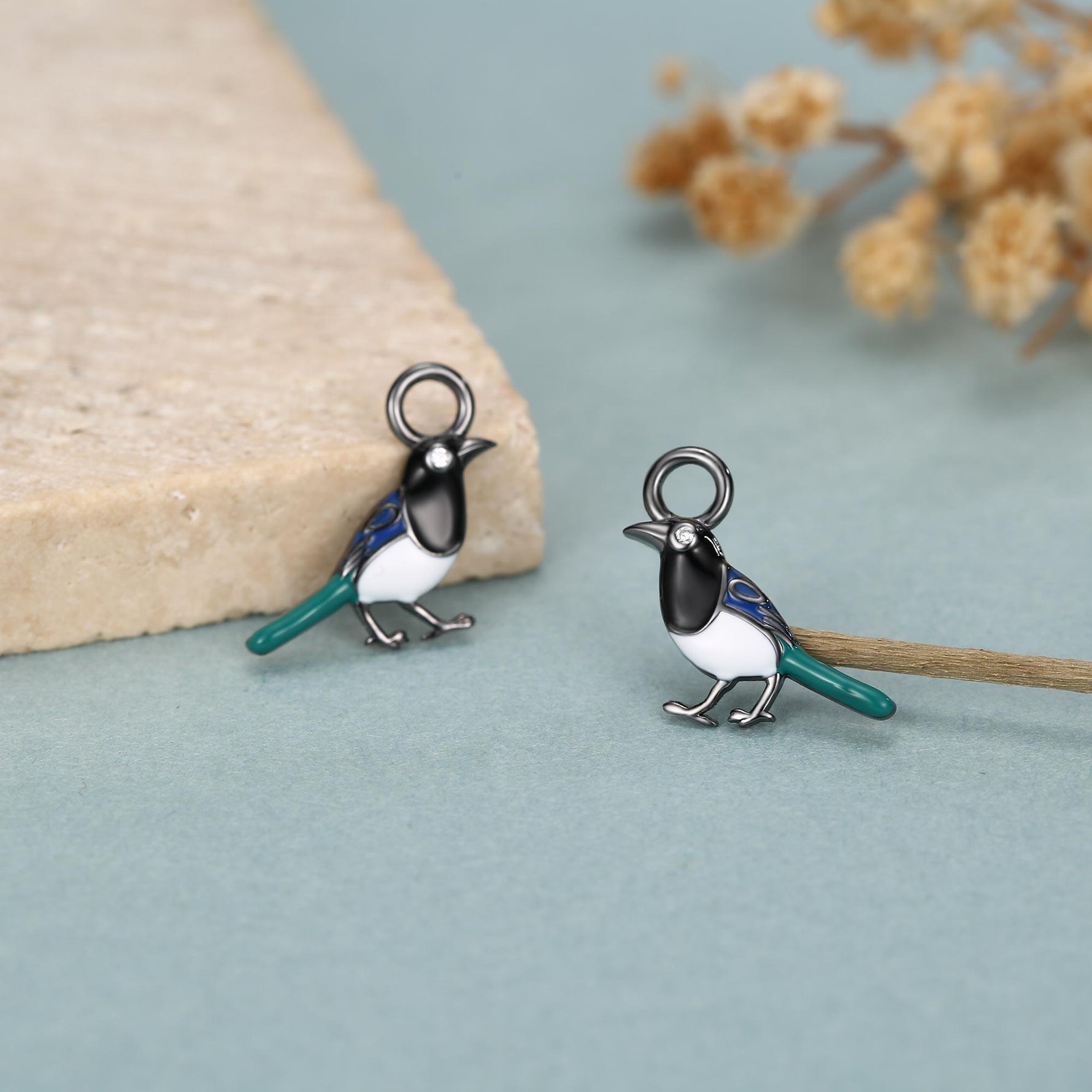 Sterling Silver Enamel Magpie Earring Charms