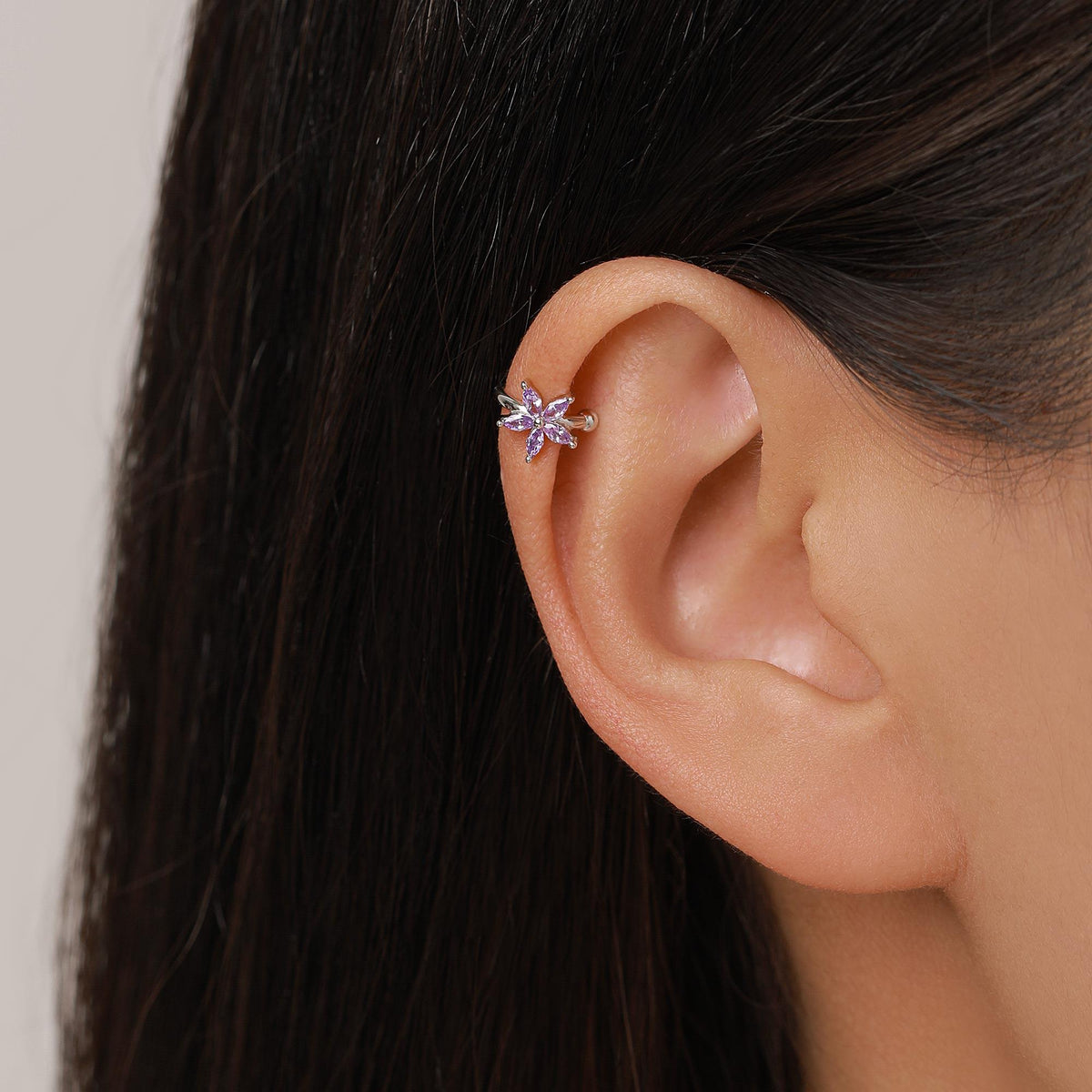 Lilac Purple CZ Flower Ear Cuff in Sterling Silver, Silver or Gold, Simple Piercing Free Earrings, Minimalist Ear Cuff