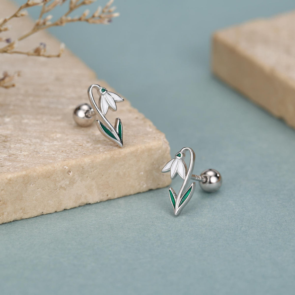 Sterling Silver Snowdrop Flower 18G Screw Back Earrings