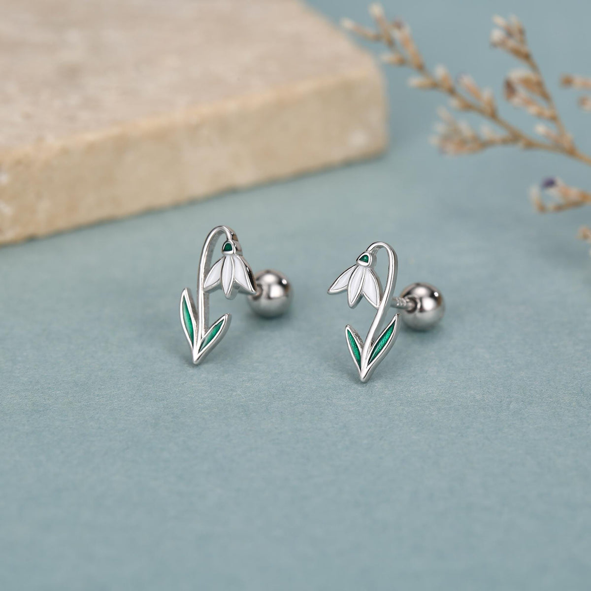Sterling Silver Snowdrop Flower 18G Screw Back Earrings