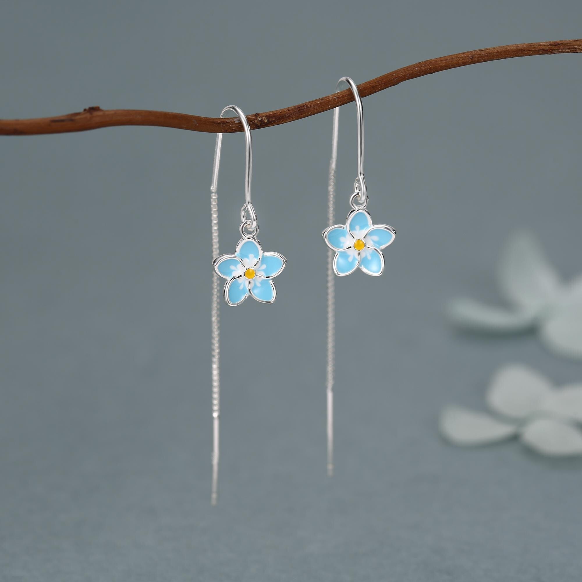 Sterling Silver Forget Me Not Flower Threader Earrings