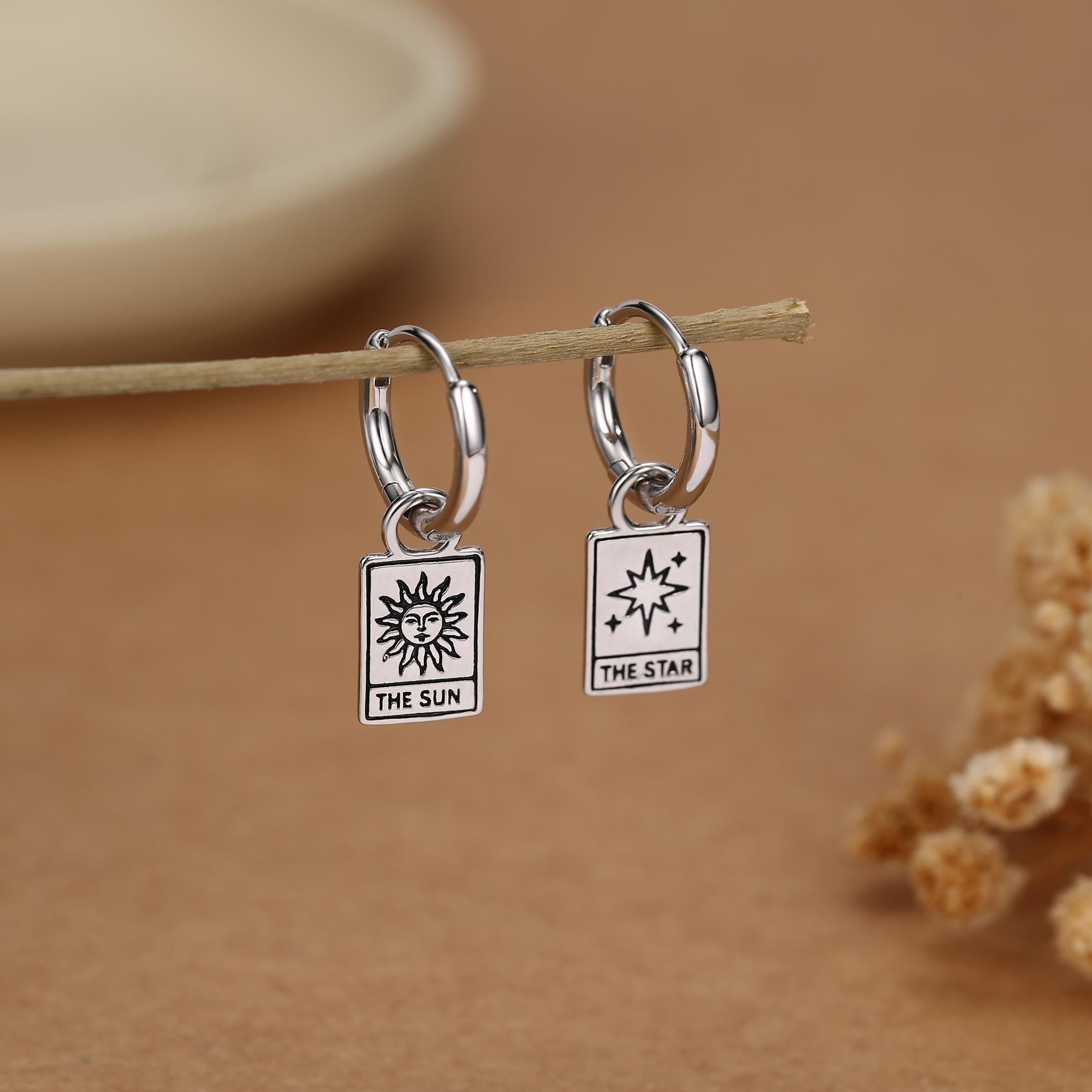 Sterling Silver Tarot Card Charm Huggie Hoop Earrings
