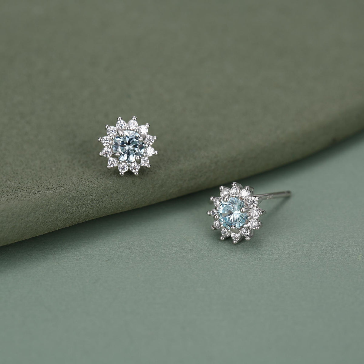 Sterling Silver Aquamarine Blue CZ Flower Stud Earrings