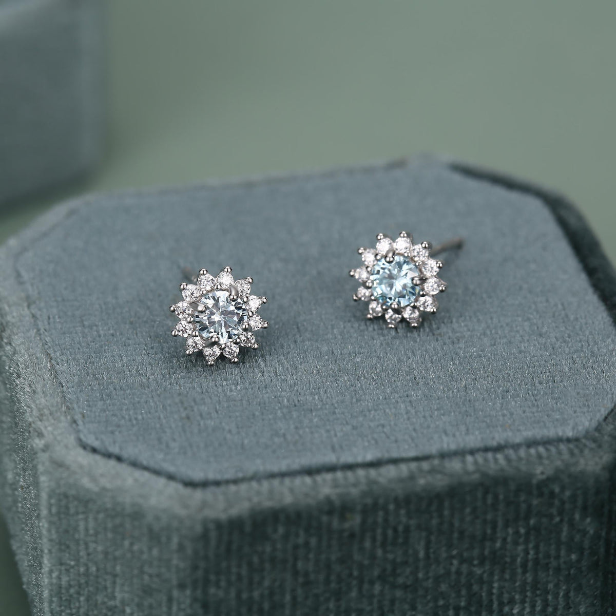 Sterling Silver Aquamarine Blue CZ Flower Stud Earrings