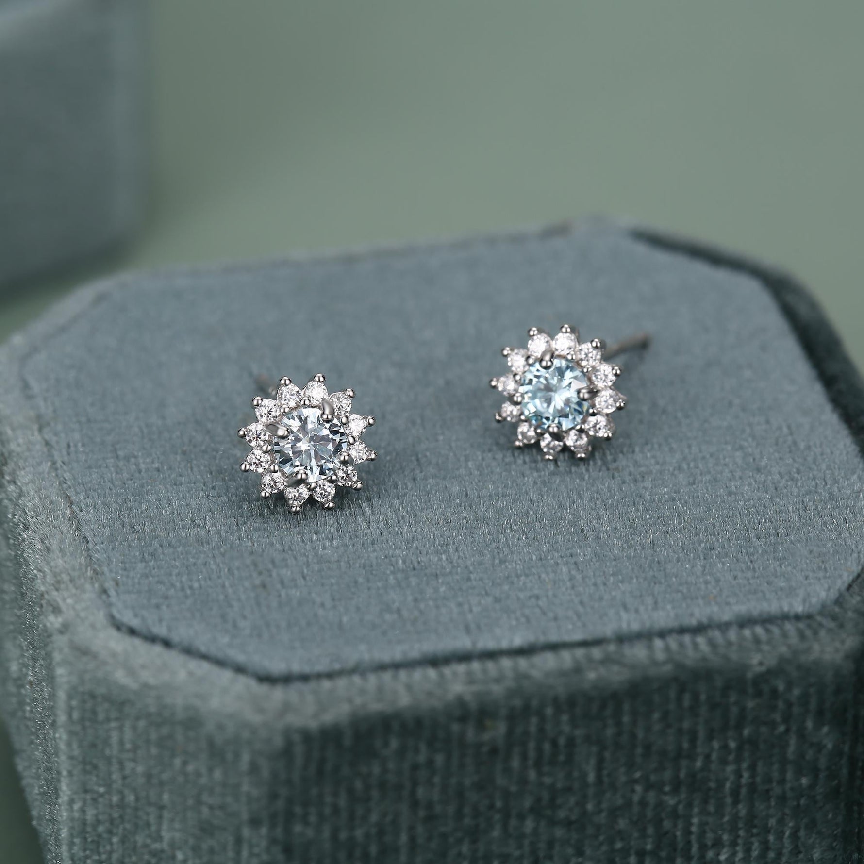 Sterling Silver Aquamarine Blue CZ Flower Stud Earrings