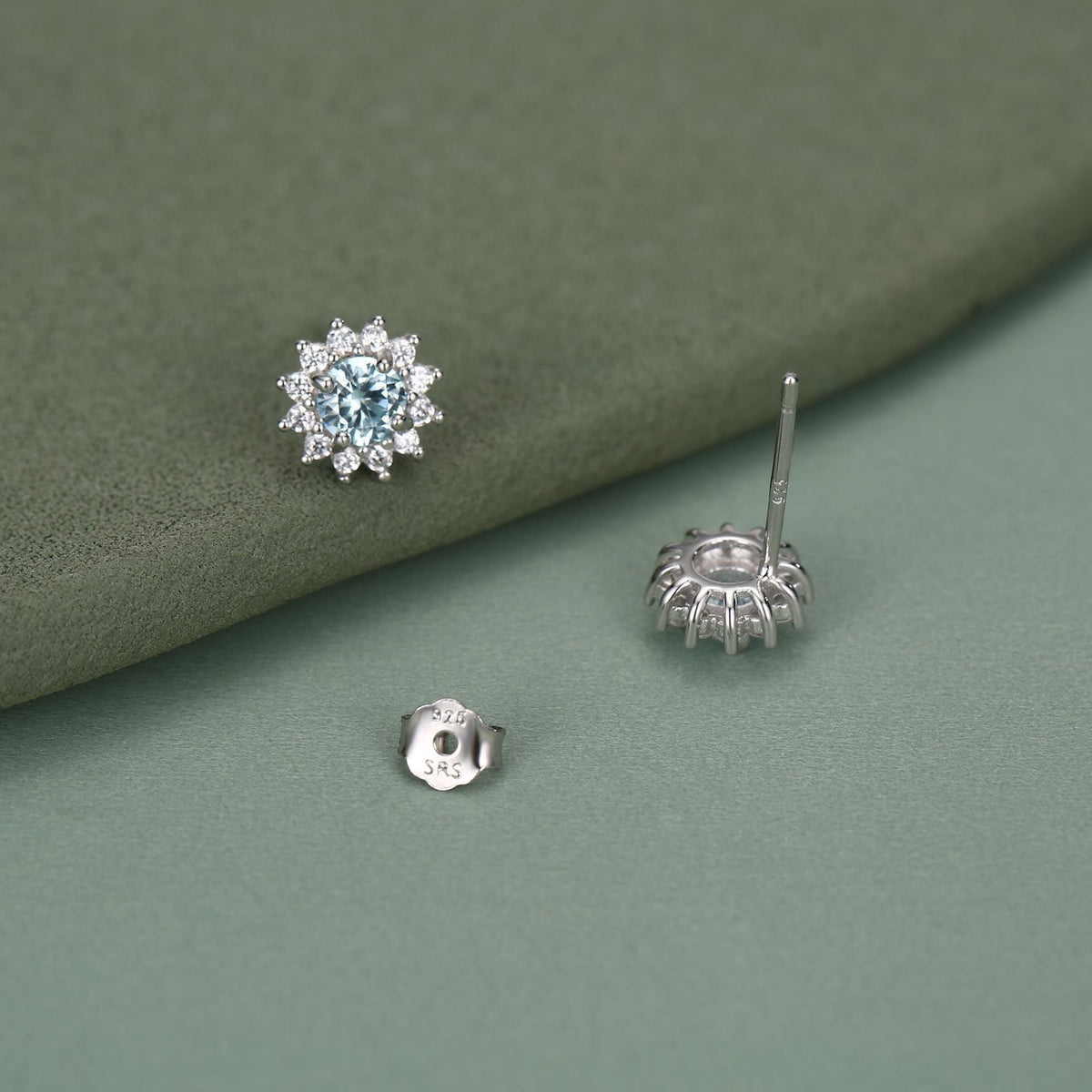 Sterling Silver Aquamarine Blue CZ Flower Stud Earrings