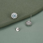 Sterling Silver Aquamarine Blue CZ Flower Stud Earrings