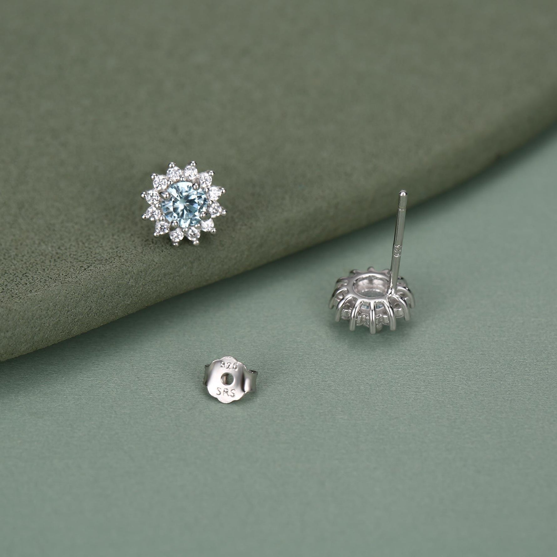 Sterling Silver Aquamarine Blue CZ Flower Stud Earrings
