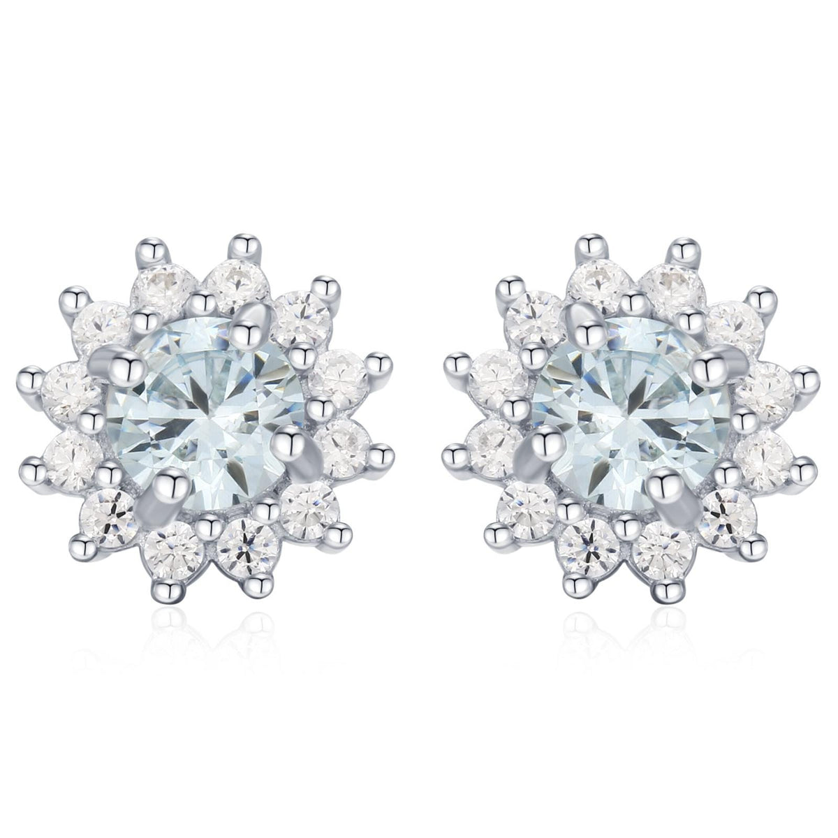 Sterling Silver Aquamarine Blue CZ Flower Stud Earrings