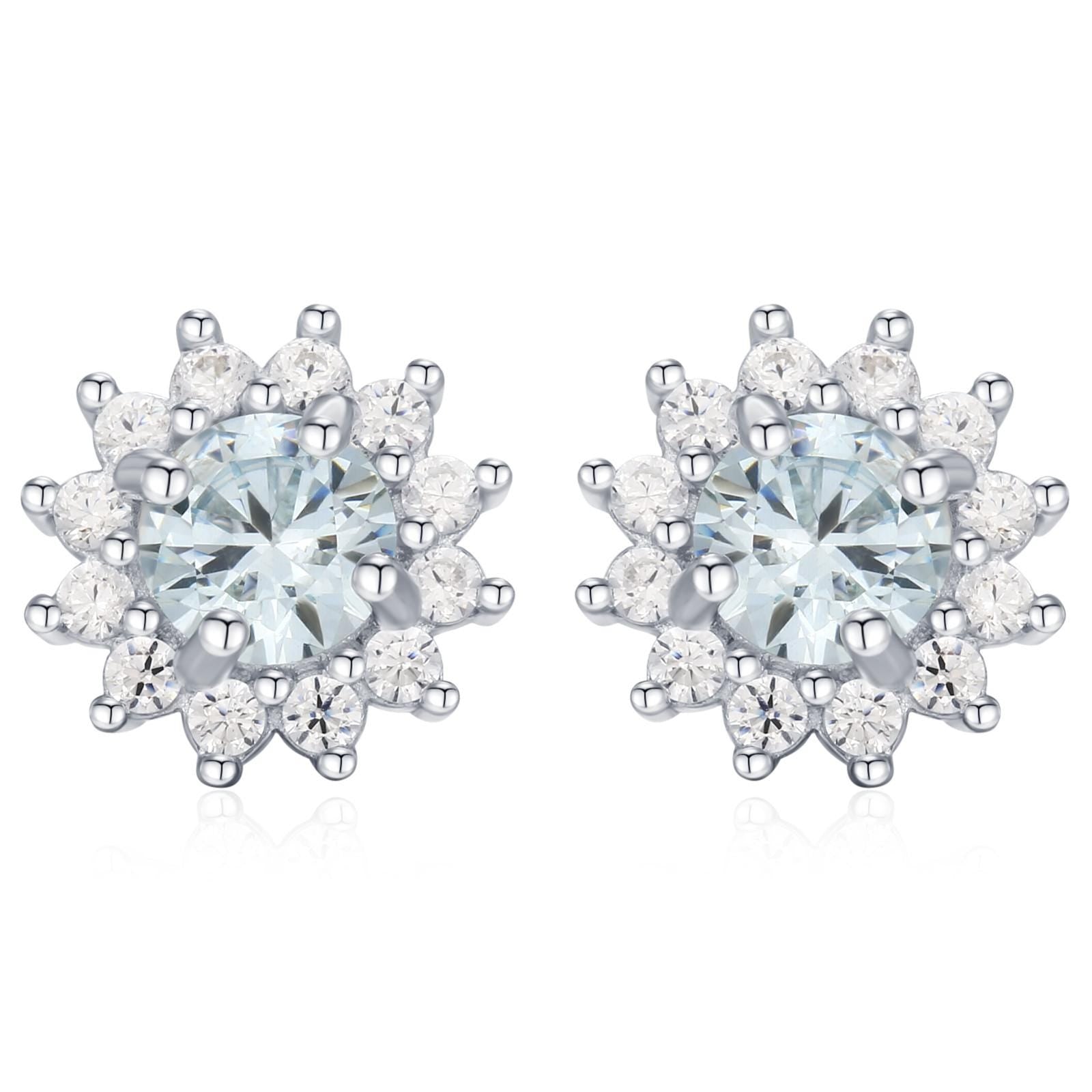 Sterling Silver Aquamarine Blue CZ Flower Stud Earrings