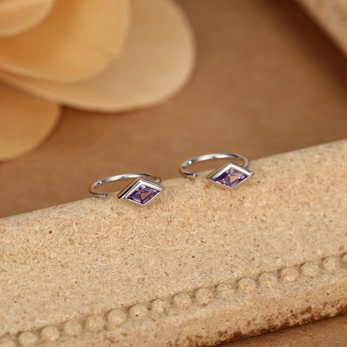Sterling Silver Amethyst Purple Rhombus CZ Open Hoop Earrings