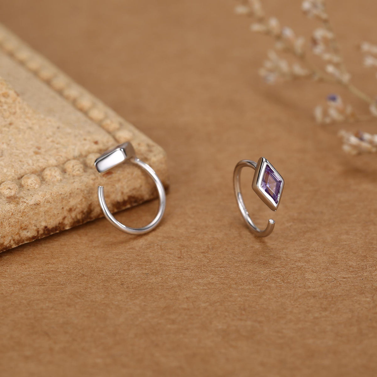 Sterling Silver Amethyst Purple Rhombus CZ Open Hoop Earrings