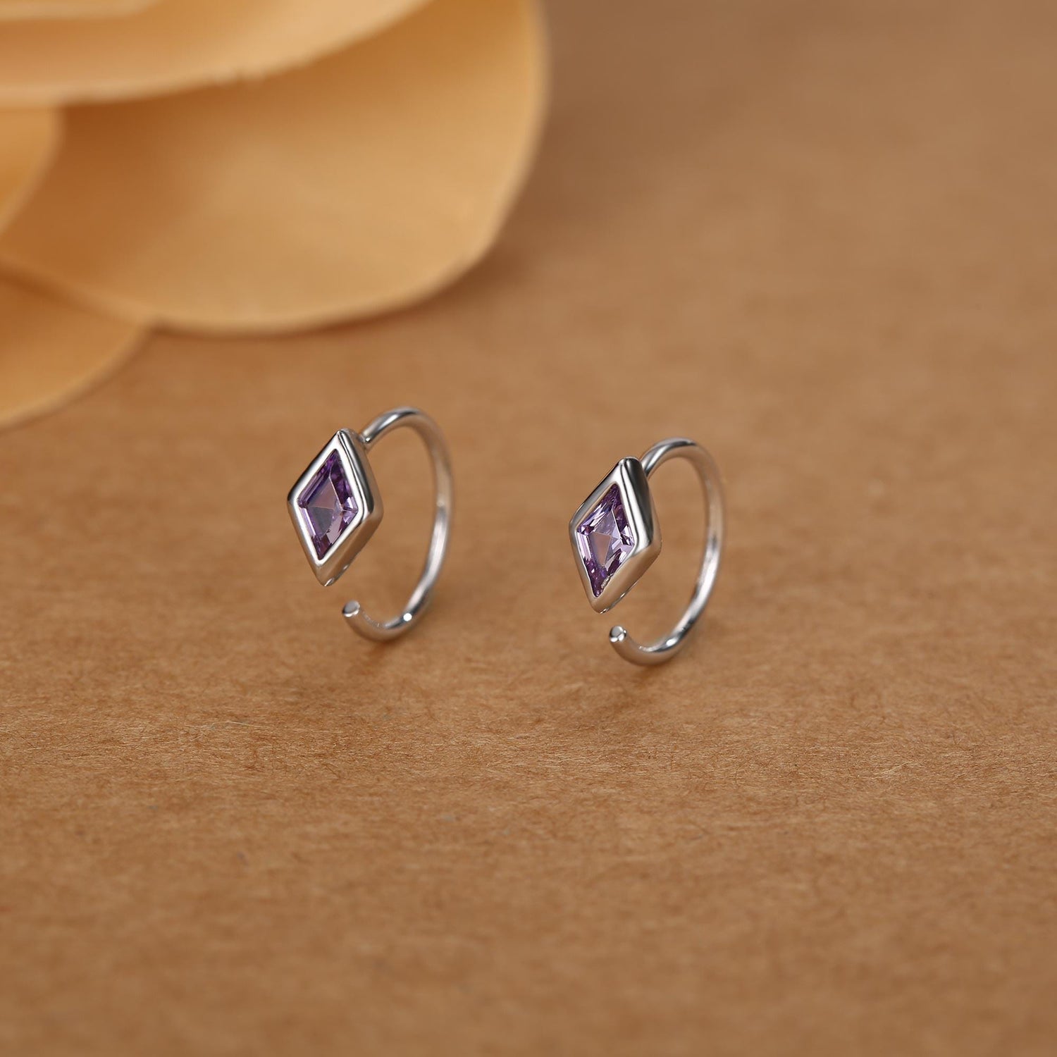 Sterling Silver Amethyst Purple Rhombus CZ Open Hoop Earrings