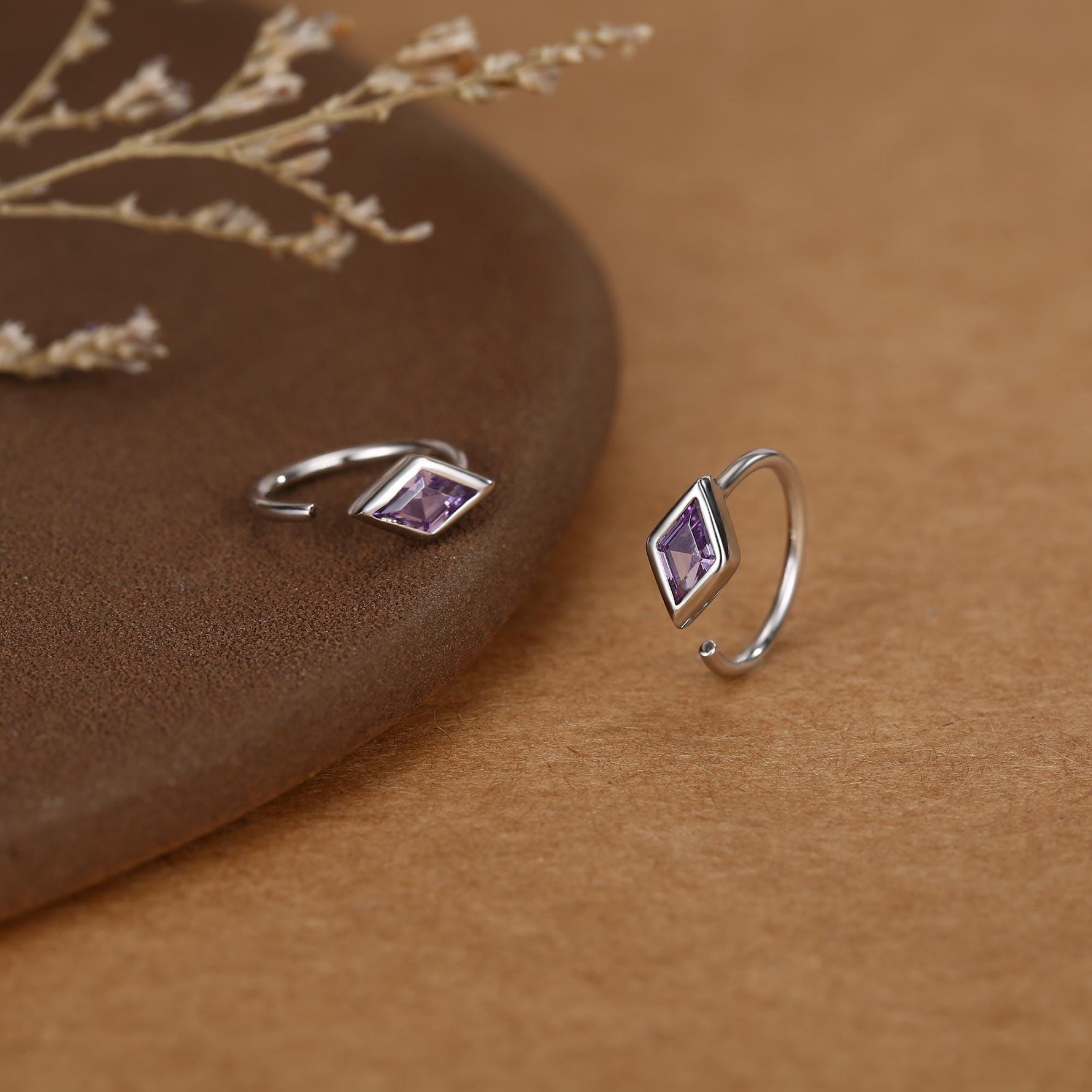 Sterling Silver Amethyst Purple Rhombus CZ Open Hoop Earrings