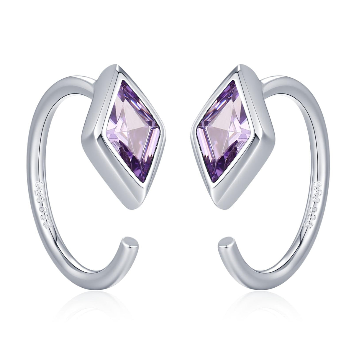 Sterling Silver Amethyst Purple Rhombus CZ Open Hoop Earrings