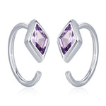 Sterling Silver Amethyst Purple Rhombus CZ Open Hoop Earrings
