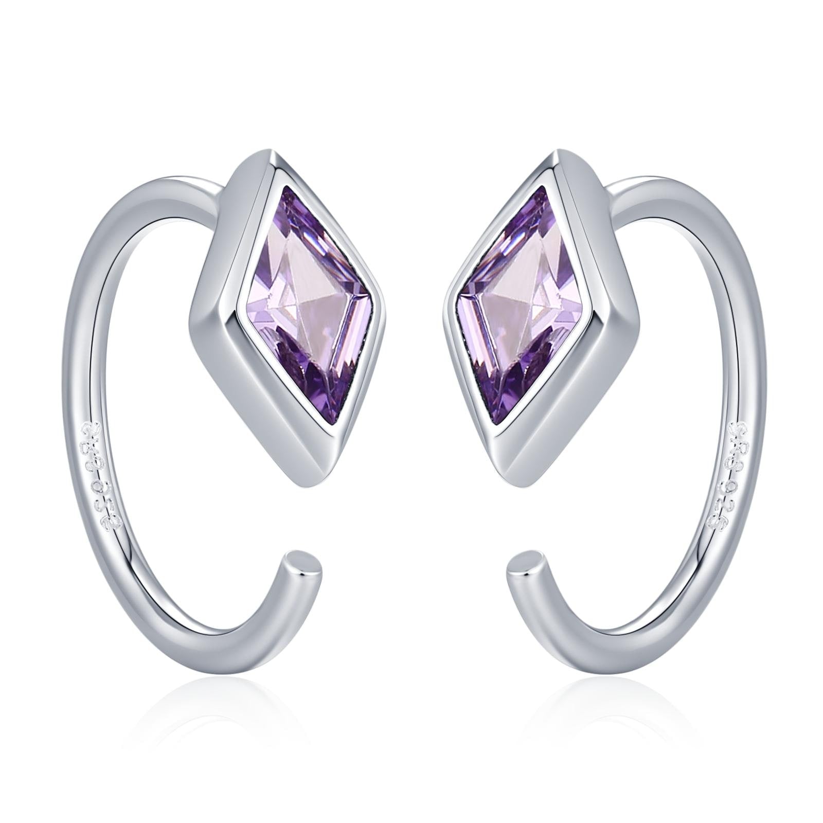 Sterling Silver Amethyst Purple Rhombus CZ Open Hoop Earrings
