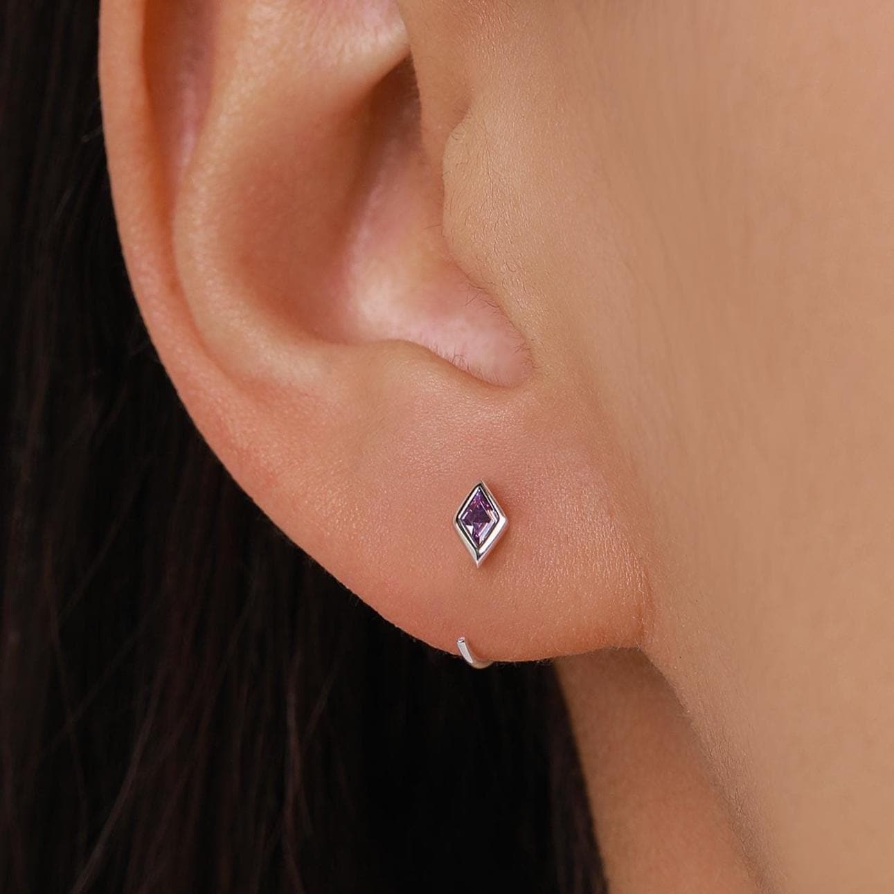 Sterling Silver Amethyst Purple Rhombus CZ Open Hoop Earrings
