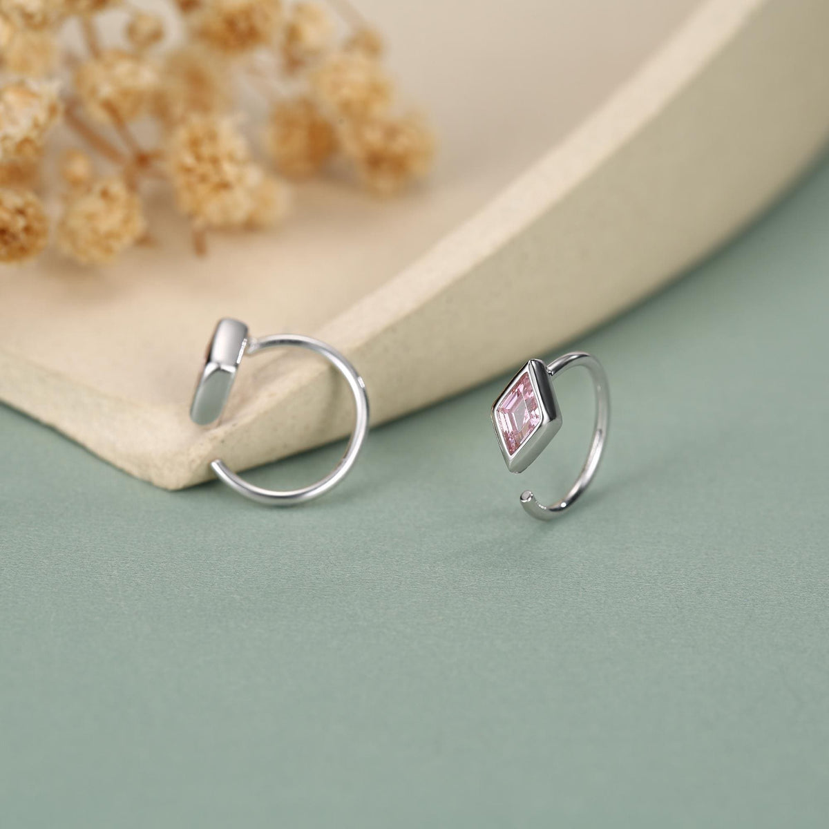 Sterling Silver Pink Crystal Diamond Open Hoop Earrings