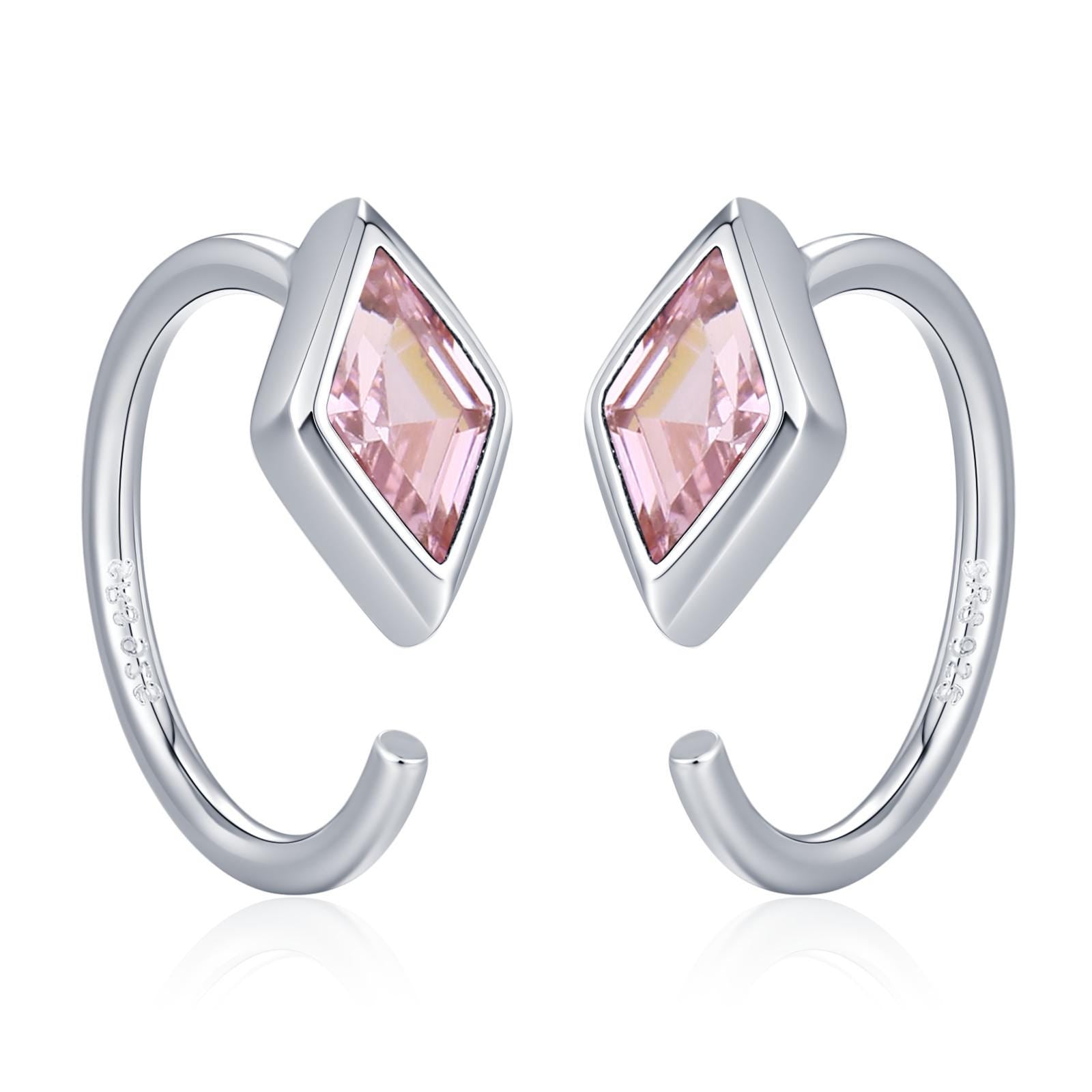 Sterling Silver Pink Crystal Diamond Open Hoop Earrings