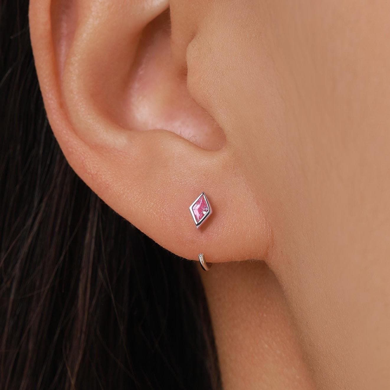 Sterling Silver Pink Crystal Diamond Open Hoop Earrings