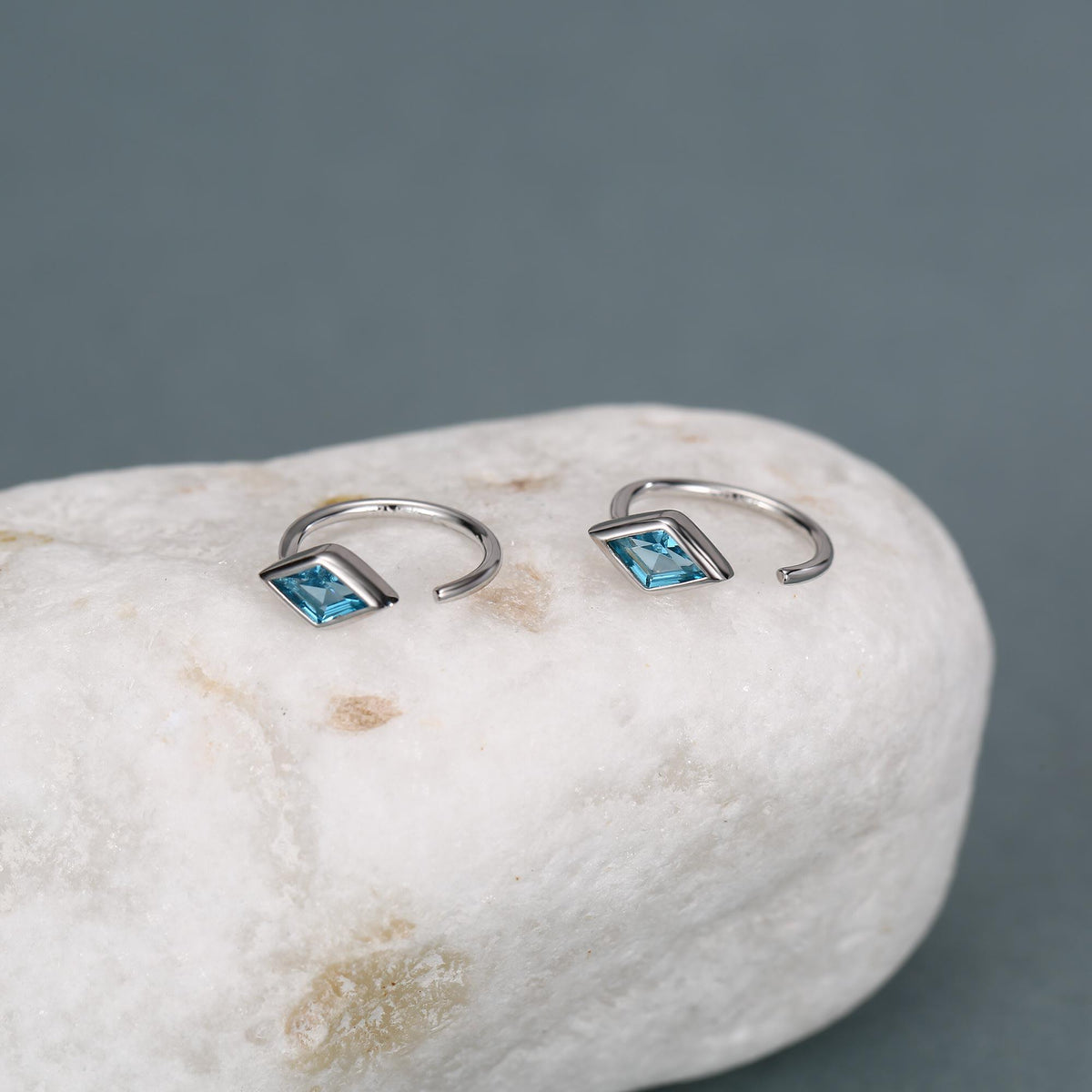 Sterling Silver Blue Crystal Diamond Open Hoop Earrings
