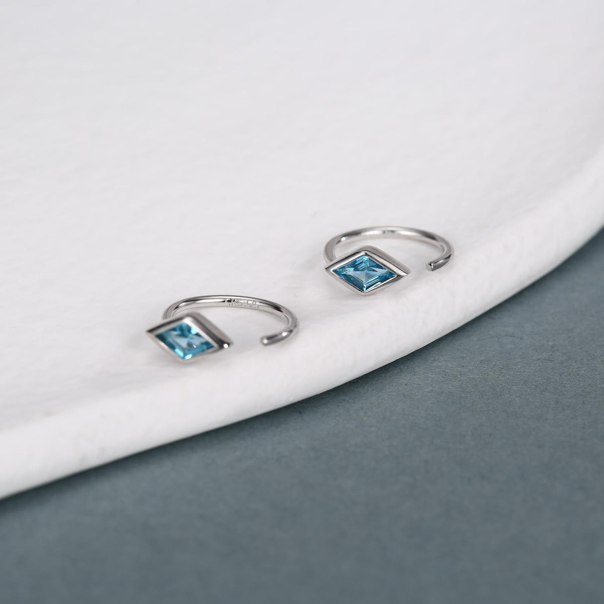 Sterling Silver Blue Crystal Diamond Open Hoop Earrings