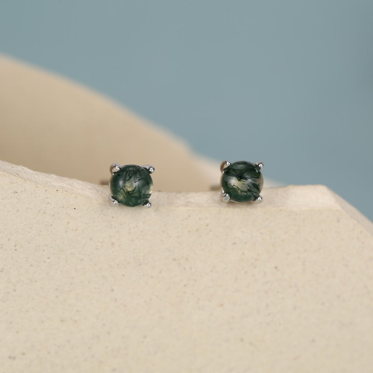 Sterling Silver Moss Agate Round Stud Earrings
