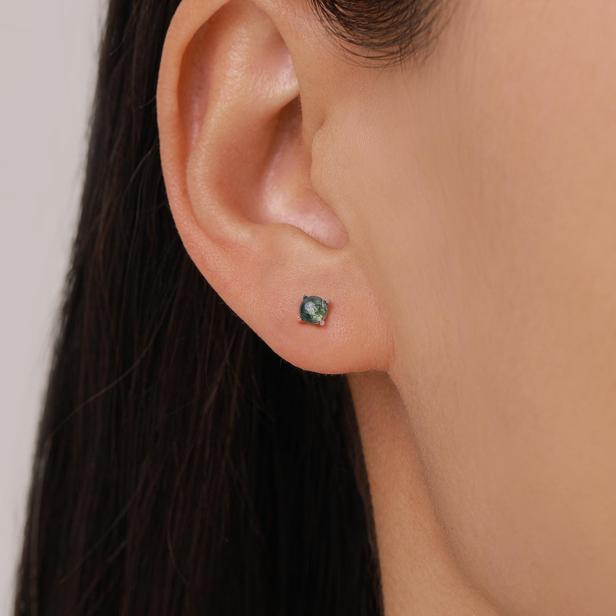 Sterling Silver Moss Agate Round Stud Earrings