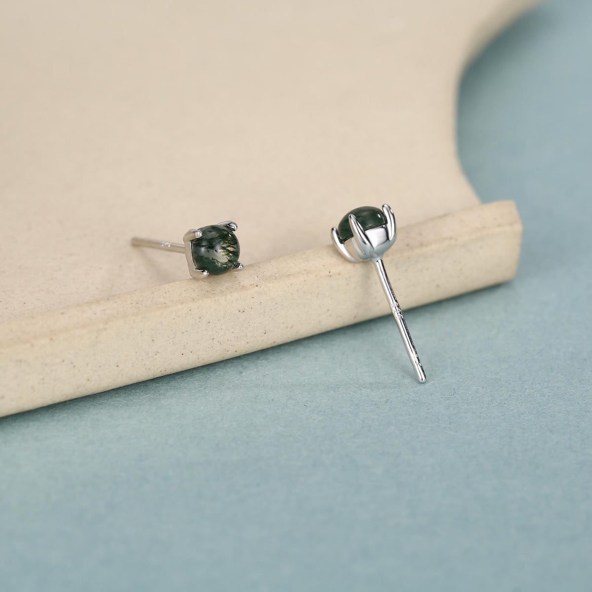 Sterling Silver Moss Agate Round Stud Earrings