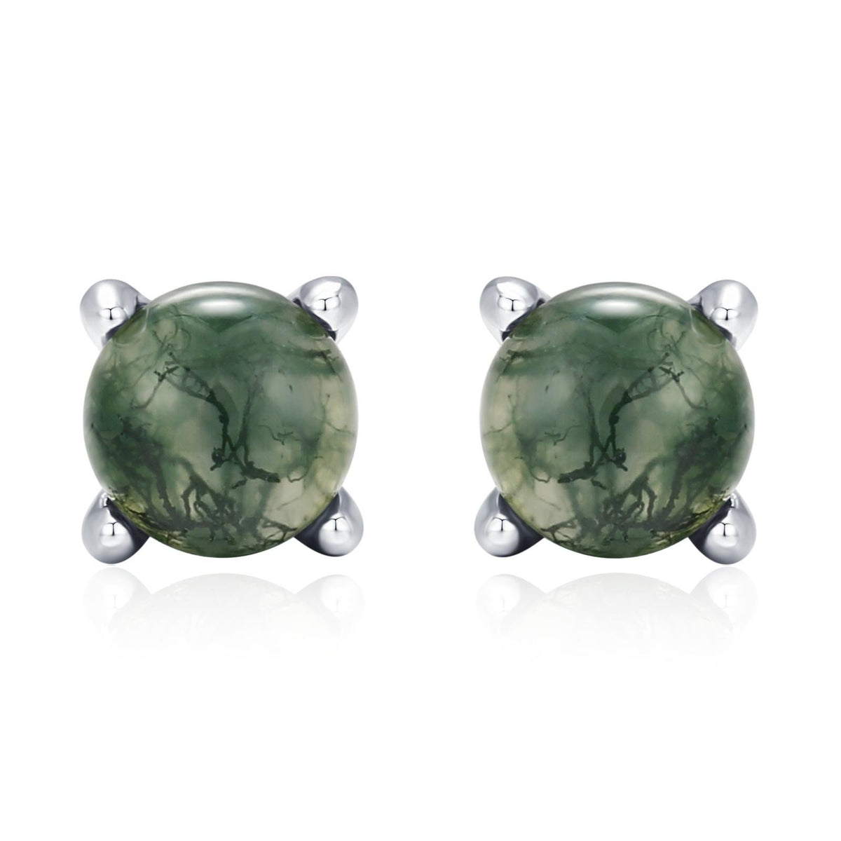 Sterling Silver Moss Agate Round Stud Earrings