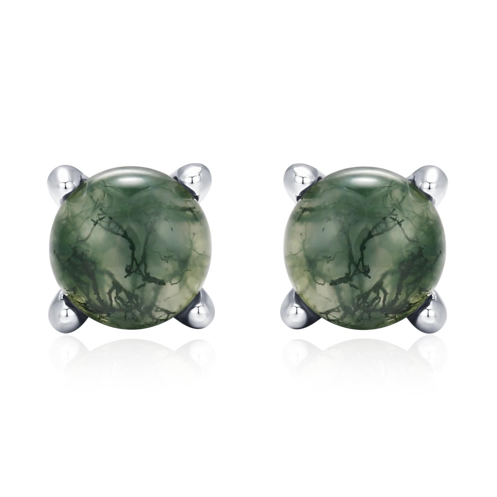 Sterling Silver Moss Agate Round Stud Earrings
