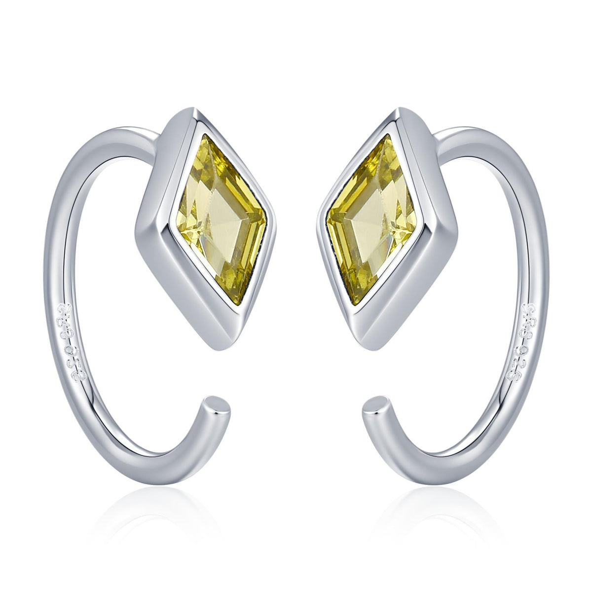 Sterling Silver Citrine Yellow CZ Crystal Rhoumbus Open Hoop Earrings