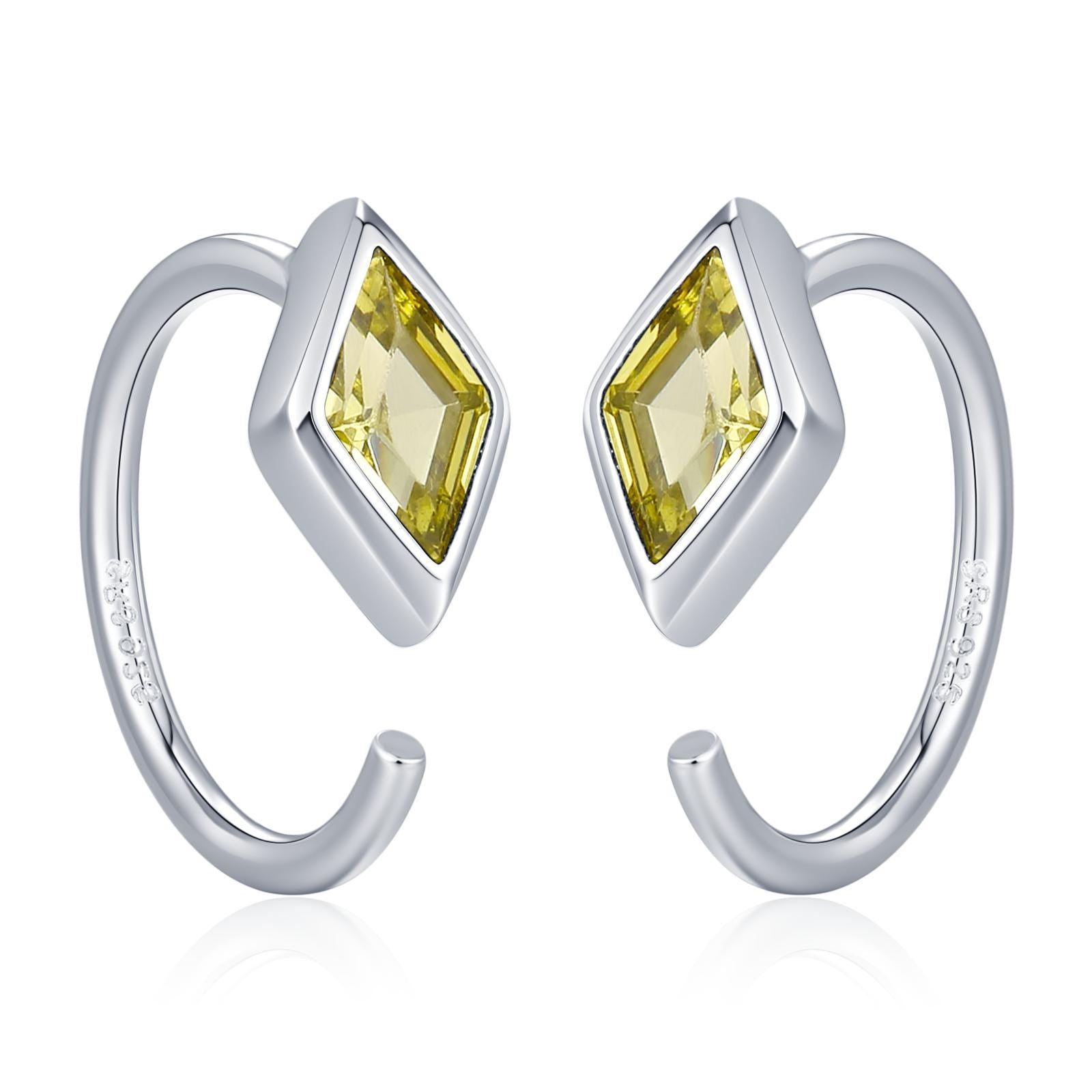 Sterling Silver Citrine Yellow CZ Crystal Rhoumbus Open Hoop Earrings