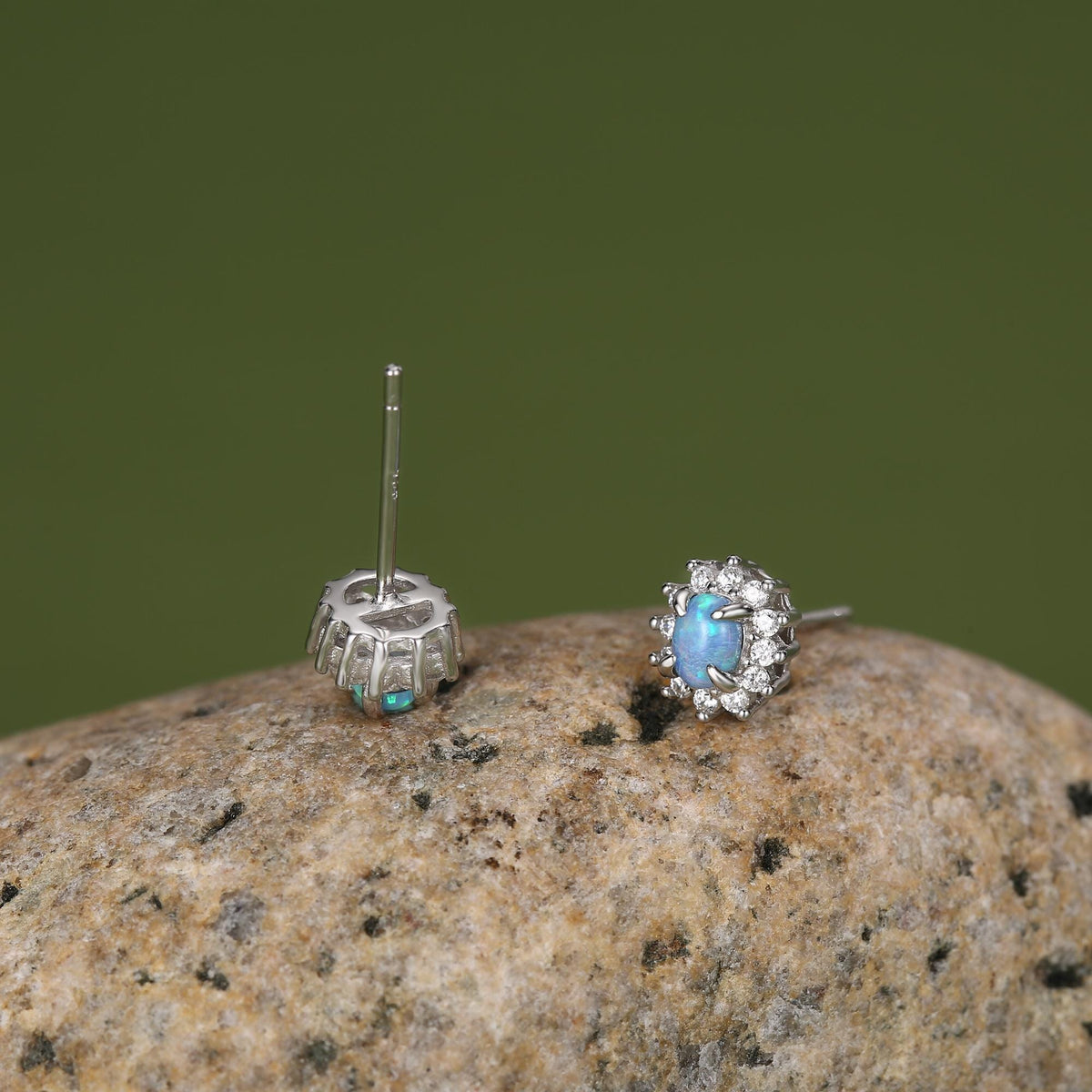 Blue Opal CZ Oval Halo Stud Earrings in Sterling Silver