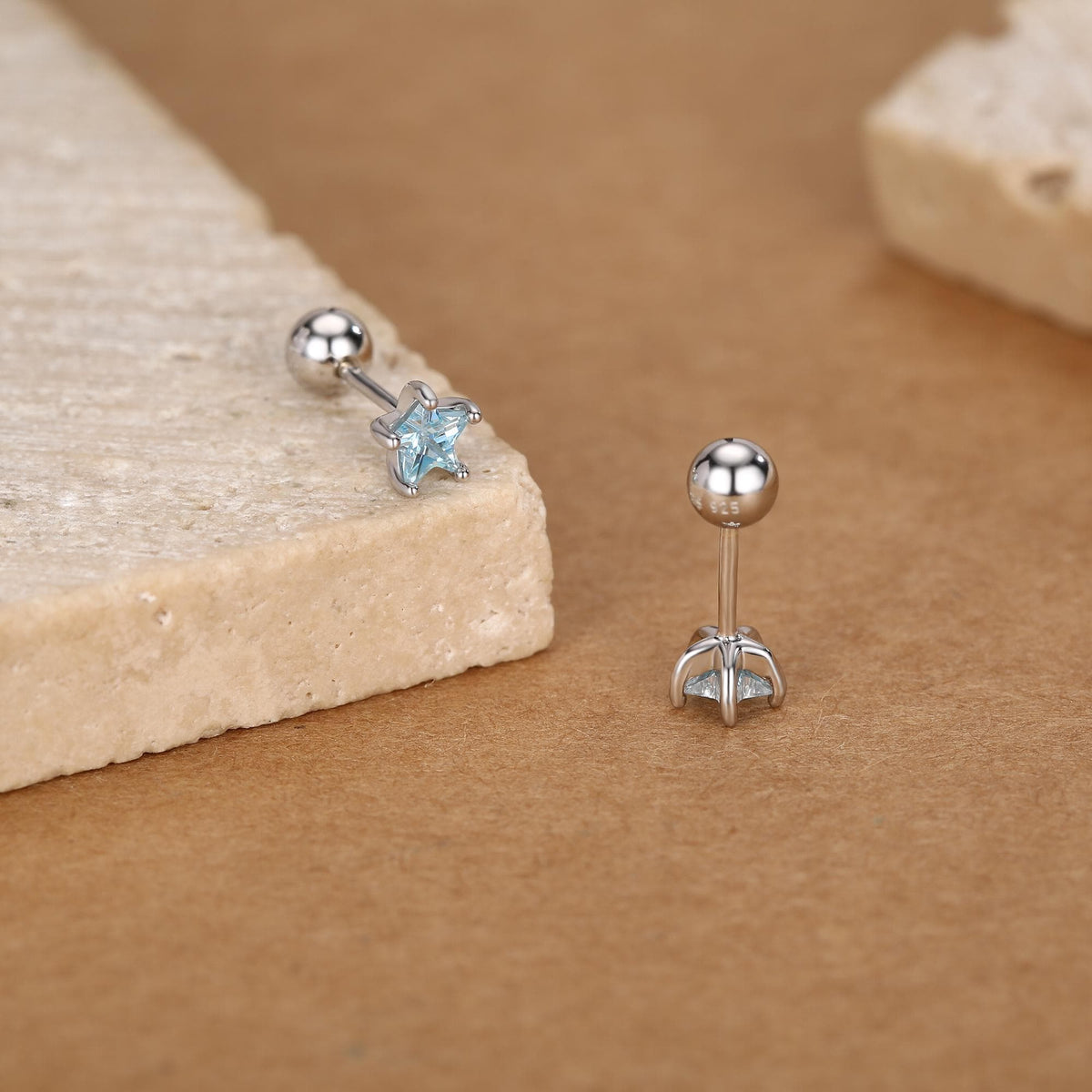 Sterling Silver Topaz Blue CZ Star 18G Screw Back Earrings