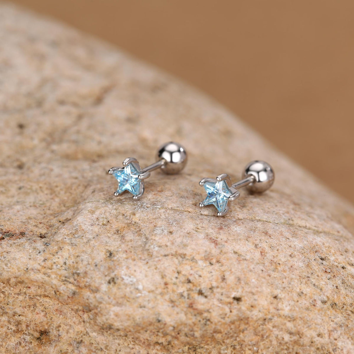 Sterling Silver Topaz Blue CZ Star 18G Screw Back Earrings
