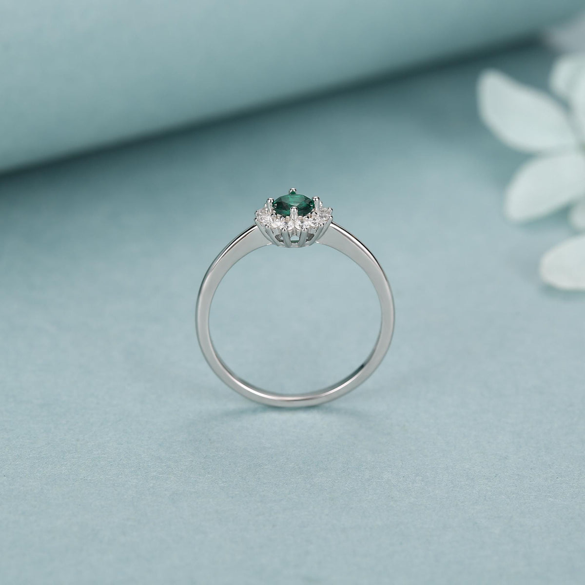 Sterling Silver Emerald Green CZ Halo Ring