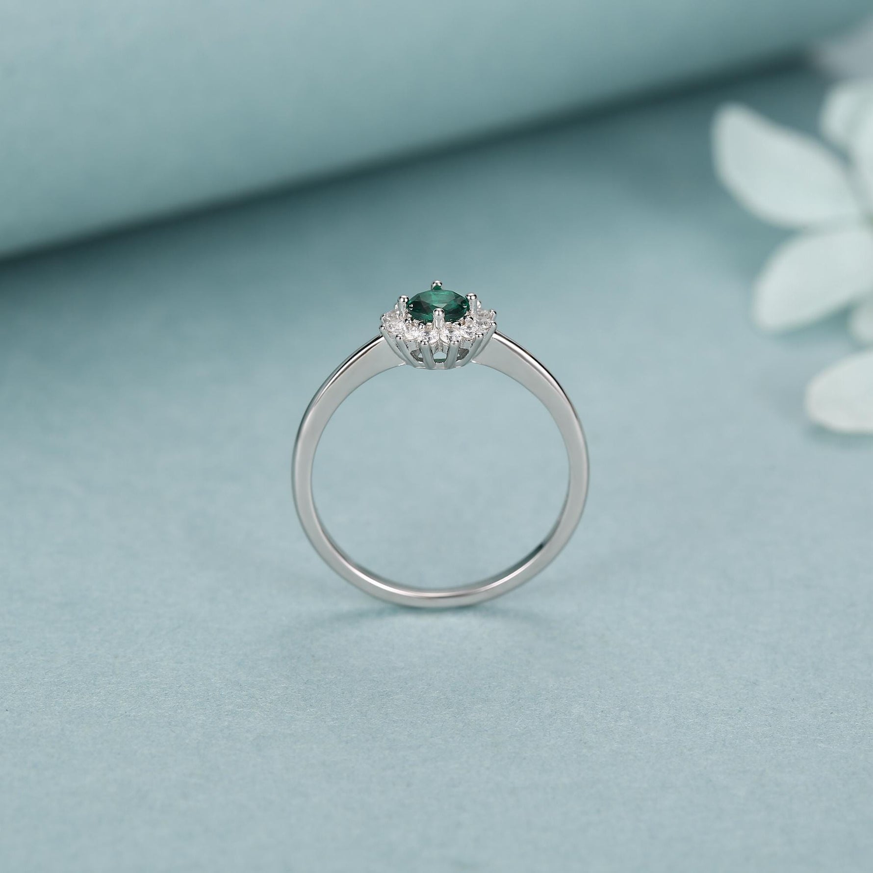 Sterling Silver Emerald Green CZ Halo Ring