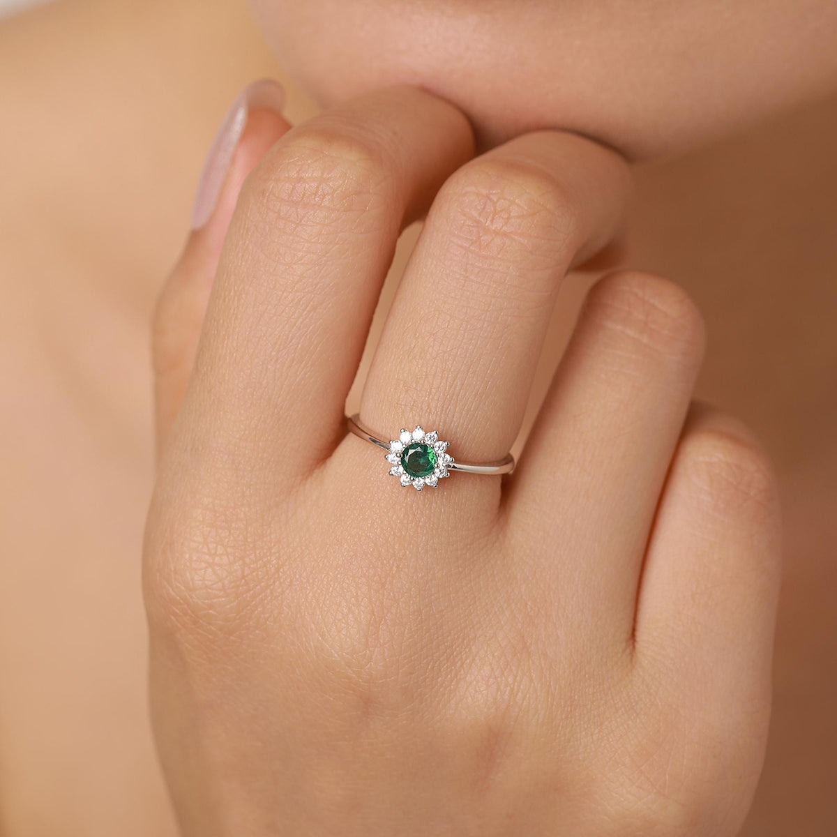 Sterling Silver Emerald Green CZ Halo Ring