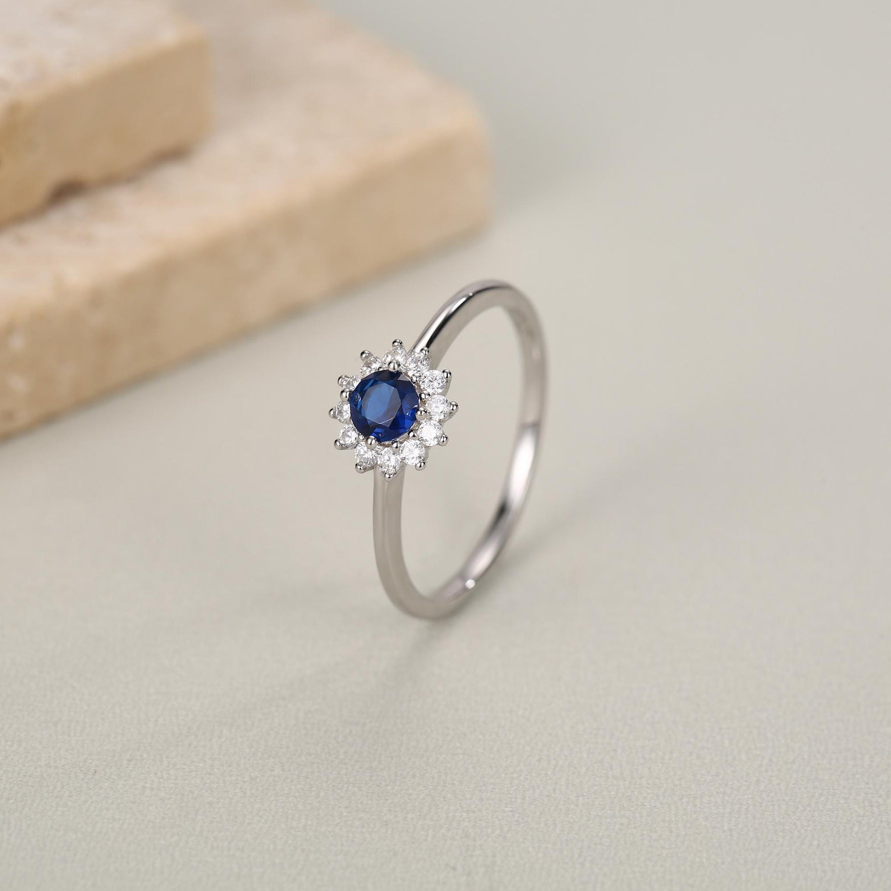 Sterling Silver Sapphire Blue CZ Halo Ring