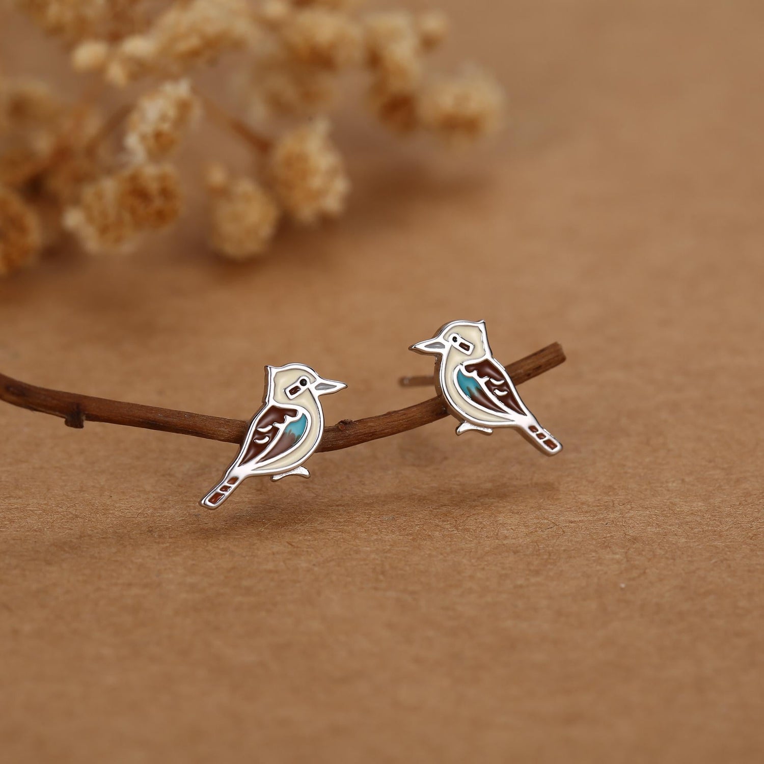 Sterling Silver Enamel Tiny Kookaburra Stud Earrings