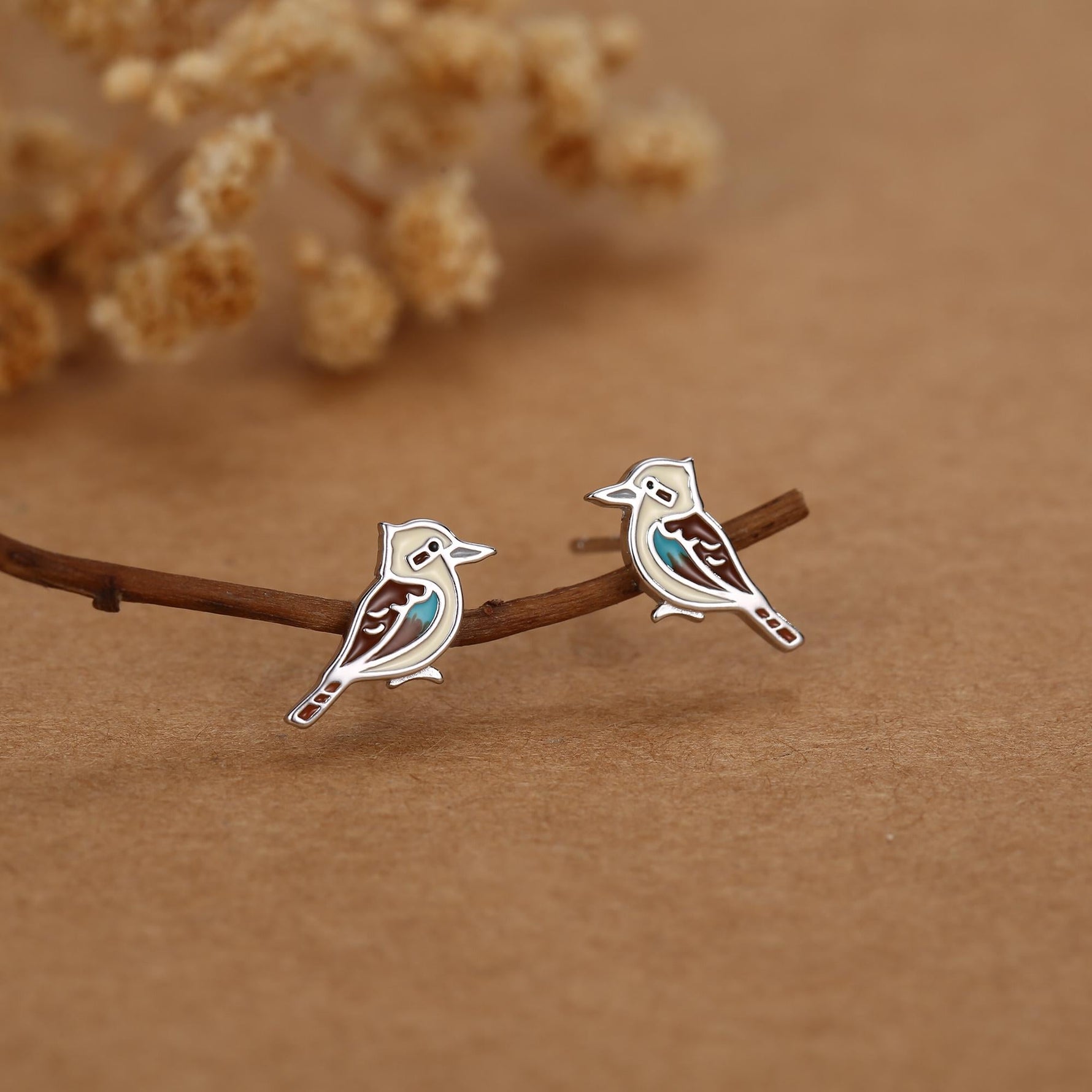 Sterling Silver Enamel Tiny Kookaburra Stud Earrings