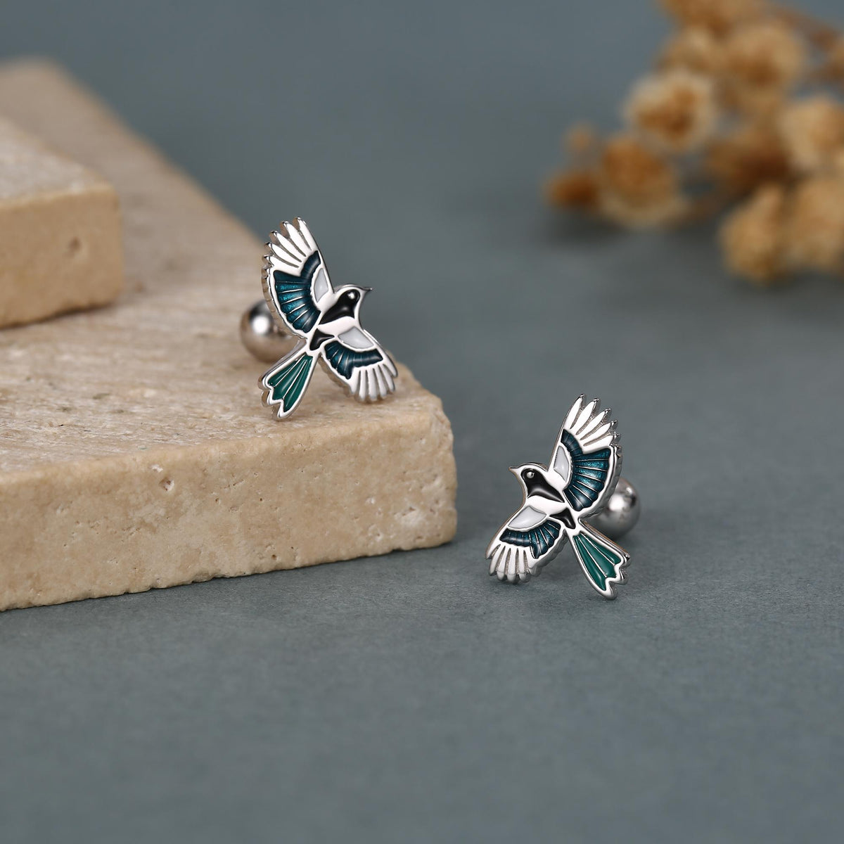 Sterling Silver Enamel Magpie 18G Screw Back Earrings